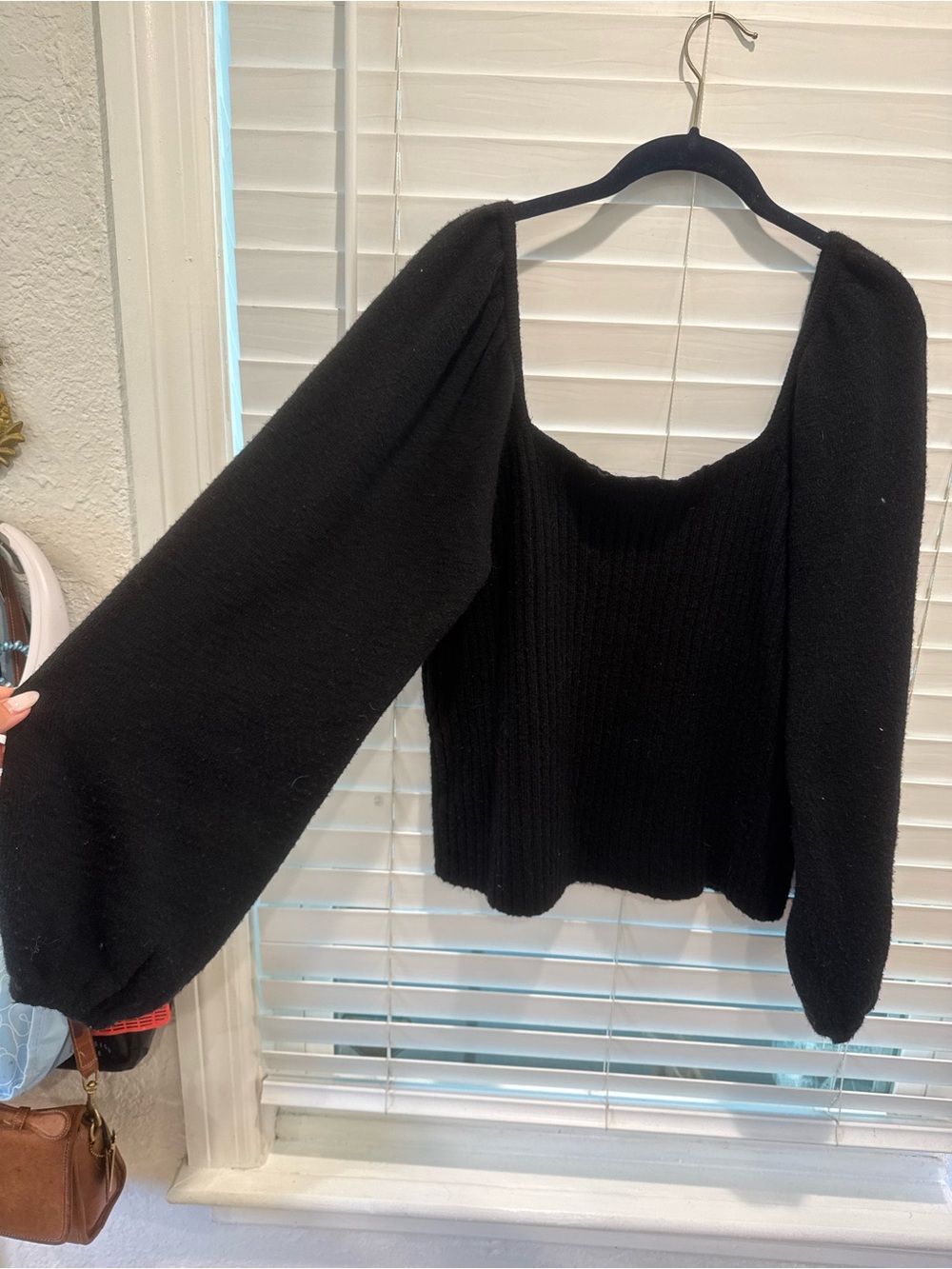 Halogen Black Square Neck Balloon Sleeve Sweater